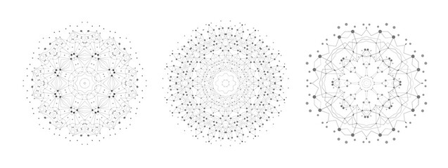 Set of Symmetric Lattice Shape, Molecular Structure with Thin Lines and Dots. Mandala. Fractal.