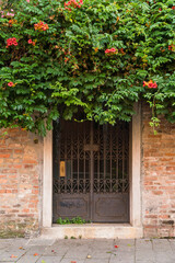 old door and brick wall with flowers hanging over 