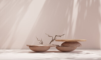 Obraz na płótnie Canvas rock podium with rounded wood for product presentation. Natural beauty pedestal, relaxation and health, 3d illustration.