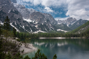 Naklejka na ściany i meble Lake Braies in Dolomites Mountains