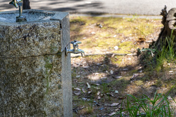公園の木陰に設置された水道の蛇口