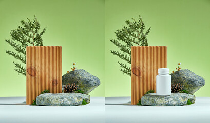 Stone podium with leaves on a light green background. Tree, stones, green. Natural pedestal for...