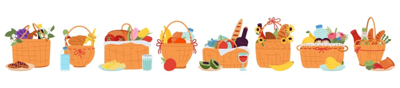 Picnic basket. Cartoon baskets collection, hamper with wine cheese meat and fruits. Summer outdoor rest elements, dinner or lunch on nature decent vector set