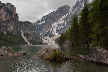 Lake Braies in Dolomites Mountains