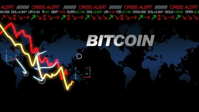 Bitcoin fall alert crisis crypto currency stock exchange cryptocurrency chart display screen numbers crack crash graph blueprint finance diagram animation alert coin money investor world ether