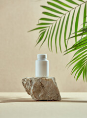 Template white plastic jar on stone pedestal with palm leaves. Dietary supplements, vitamins...