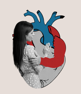 Contemporary art collage. Young sad woman hugging huge drawn human heart over light background. Concept of care, health, medicine, support and treatment