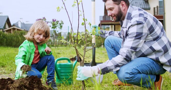 Happy cheerful Caucasian father with small son planting tree in orchard and watering it with pot. Outdoors. Trees plant concept. Dad with little boy working in garden together.