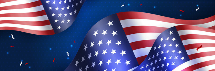 Fototapeta premium 4th July Independence Day of United States America celebration banner background with American flag. Vector illustration. Designed for flyers, template, ads, posters, social media and decorations.