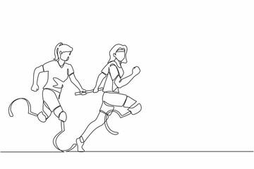 Single continuous line drawing two disable runners with prosthesis leg, disability women, amputee athletes, amputees running in relay race handing over the baton. One line draw graphic design vector