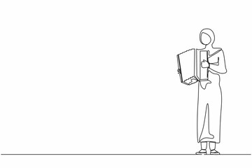 Single one line drawing Arab woman musician playing accordion. Female performer plays acoustic musical instrument. Accordionist perform playing music instrument. Continuous line design graphic vector