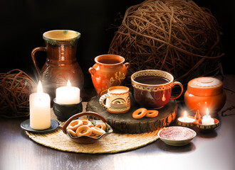 Food still life on wooden table