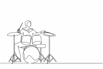Single one line drawing Arabian female musician, jazz, rock and roll playing drum instruments, percussion. Music festival, pop concert, wedding party performance. Continuous line design graphic vector