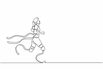 Single continuous line drawing young female athlete wins competition. Disabled sportswoman with amputee crossing finish line. Sport, summer disability games, recovery. One line graphic design vector