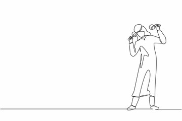 Single one line drawing man street band player mariachi plays maracas. Arabian male with maracas musical instruments, mariachi player at national festival. Continuous line draw design graphic vector