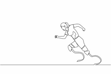 Continuous one line drawing disabled athlete runs on prostheses. Female disability runs. Disabled sportswoman with amputated foot. Disabled sport, championship, game. Single line graphic design vector