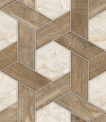 Wood and marble Pattern Texture Used For Interior Exterior Ceramic Wall Tiles And Floor Tiles. Hexagon tiles. - obrazy, fototapety, plakaty