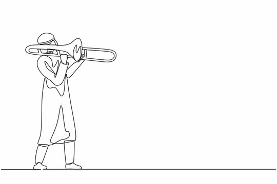 Continuous one line drawing Arabian trombone player. Male performer play wind instrument. Music artist boy. Jazz man. Musician play trumpet. Classic music event. Single line draw graphic design vector