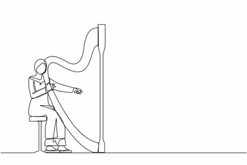 Obraz premium Single one line drawing Arab woman musician playing harp. Classical music performer character with musical instrument. Female sitting, playing harp. Continuous line design graphic vector illustration