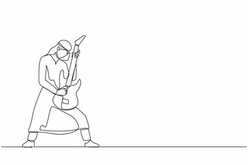 Continuous one line drawing Arabian male musician playing electric guitar. Man practicing in playing guitar. Guitarist perform playing music instrument on stage. Single line draw design vector graphic