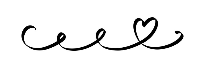 Heart and love swirl divider. Hand drawn sketch doodle style border. Line scribble heart thread vector illustration. Love and wedding concept.