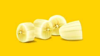 Banana. Ripe banana without peel. Banana cut into pieces. Vector illustration of a banana on a yellow background. Isolated image.