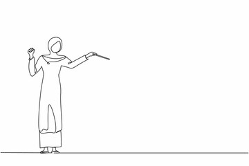 Continuous one line drawing Arab woman music orchestra conductor. Female musician in tuxedo suit with arm gestures. Expressive conductor directs orchestra performance. Single line draw design vector
