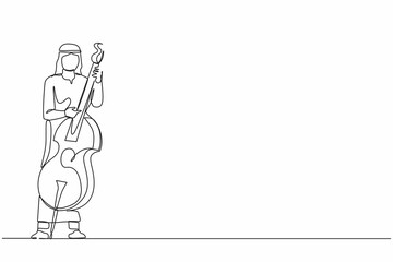 Continuous one line drawing double bass player standing with big string instrument. Arab man musician playing classical music with fingers. Professional contrabassist. Single line draw design vector