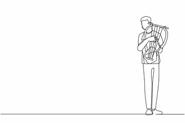 Continuous one line drawing male musician playing musical lyre. Classical music orchestra man artist with music instrument. Professional musician performs on stage. Single line graphic design vector