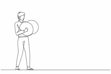 Single continuous line drawing female musician playing cymbals. Woman performer playing classical music with percussion musical instrument. Person performs on stage. One line graphic design vector