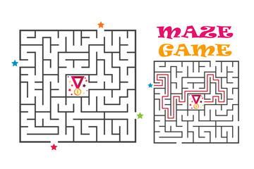 Square maze labyrinth game for kids. Labyrinth logic conundrum with medal. Four entrance and one right way to go. Vector flat illustration