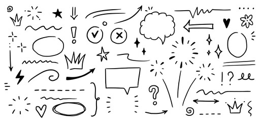 Sketch underline, emphasis, arrow shape set. Hand drawn brush stroke, highlight, speech bubble, underline, sparkle element. Vector illustration.