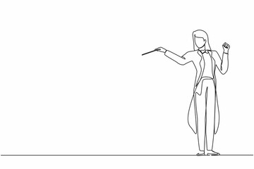 Continuous one line drawing woman music orchestra conductor. Female musician in tuxedo suit with arm gestures. Expressive conductor directs orchestra during performance. Single line draw design vector