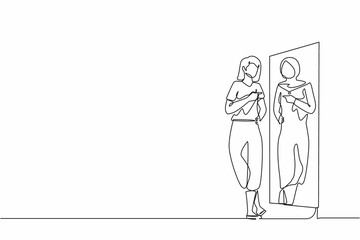Single one line drawing Arabian woman looking in big mirror see herself successful businesswoman wearing expensive hijab. Poor woman dream to become wealthy person. Continuous line draw design vector