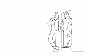 Single one line drawing Arab businessman choosing Arabian clothes for business meeting. Man trying on clothes. Guy with style. Mirror with male reflection. Continuous line draw design graphic vector