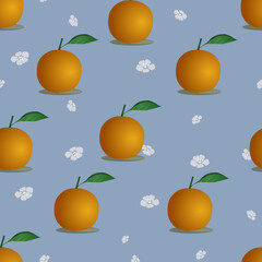 Background vector art. seamless background with orange fruit  has local green leaves and white flowers  on light blue background. Design for carpet, wallpaper, clothing, wrapping, fabric,textile