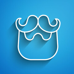 White line Mustache and beard icon isolated on blue background. Barbershop symbol. Facial hair style. Long shadow. Vector