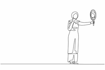 Continuous one line drawing Arab businesswoman holding hand mirror. Female manager with hand mirror. Woman looking at herself in mirror. Narcissism, reflection. Single line design vector illustration