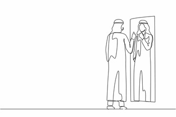 Single continuous line drawing Arabian businessman loves to look at his reflection in mirror with thumbs up pose. Man in mirror reflection, attractive, confidence. One line draw graphic design vector