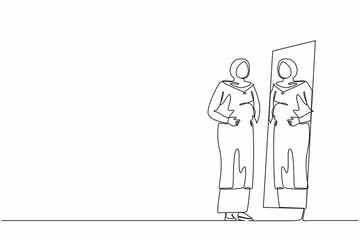 Single one line drawing Arabian businesswoman standing in front of mirror and see herself getting big belly with holding her stomach. Oversized and obesity. Continuous line draw design graphic vector