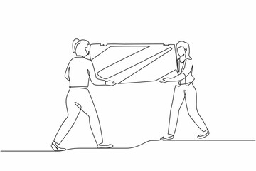 Single continuous line drawing female loaders carrying big mirror to new office. Two businesswomen with furniture in building hall. Moving to new apartment, delivery. One line graphic design vector