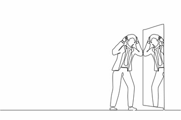 Single one line drawing frustrated businessman see himself failure in mirror. Mental health problems. Anxiety and lack of self confidence. Continuous line draw design graphic vector illustration