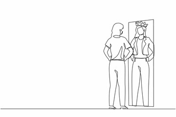 Continuous one line drawing narcissistic businesswoman looking at mirror and seeing in reflection of herself with crown on her head. Self confidence, motivation. Single line draw design vector graphic