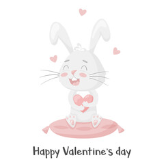 Cute smiling bunny sitting on a pink pillow and holding a heart. Happy Valentine's Day. Adorable animal, character in pastel colors. For cards, clothes, t shirt print. Vector illustration on white.