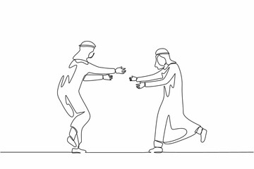 Single continuous line drawing two happy Arabian guys run to meet each other. Males embracing and laughing. Meeting of friends. Male friendship meet. One line draw graphic design vector illustration