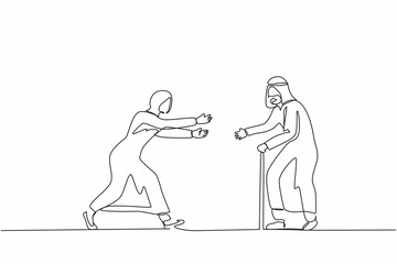 Single one line drawing happy Arab woman running to meet grandfather. Vacation at grandparents home. Father, senior male, retired, summertime, holiday. Continuous line draw design vector illustration