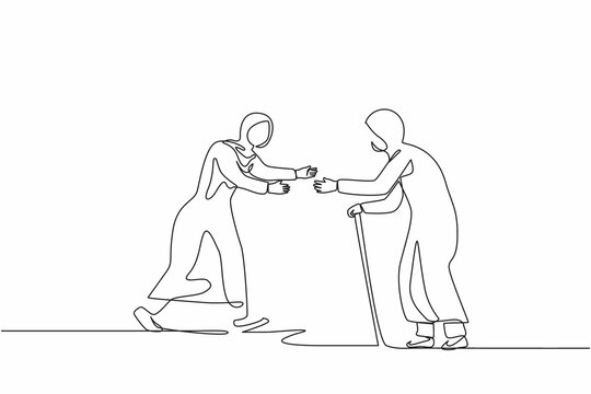 recommend clip art: Continuous one line drawing happy Arabian woman running to meet grandmother. Vacation at grandparents home. Mother, senior female, retired, summertime, holiday. Single line design vector illustration
