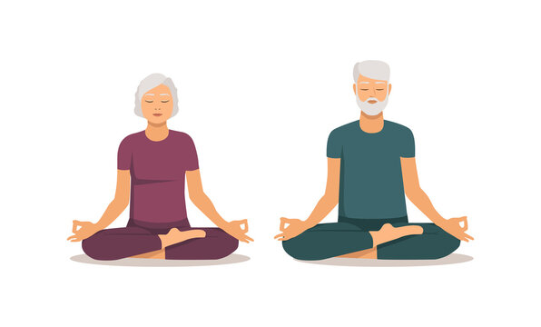 Isolated elderly woman and man sitting in lotus pose on white background. Grandparents doing yoga. Healthy and active lifestyle of elderly people. Stock vector illustration in flat style.