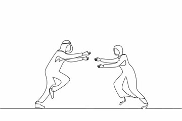 Obraz na płótnie Canvas Single continuous line drawing happy Arab man and woman run to meet each other. Female want to embrace male friend. Happy couple. Meeting of friends, love concept. One line draw graphic design vector