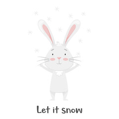 Cute smiling rabbit, enjoying of the flying snowflakes. Let it snow. Winter fun. Adorable animal, character in pastel colors. For cards, clothes, t shirt print. Vector illustration isolated on white